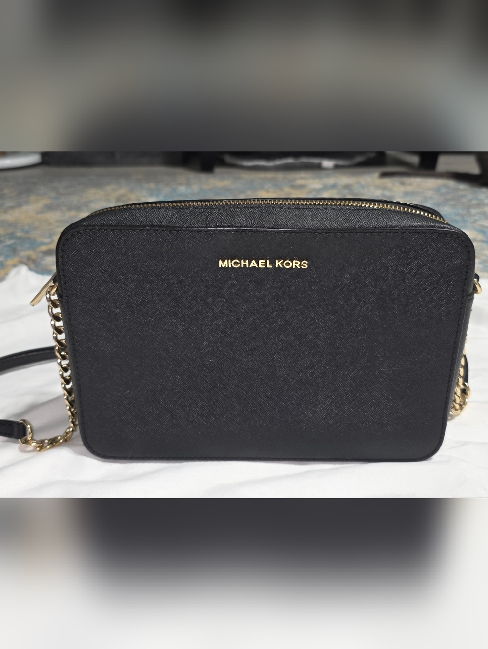 MICHAEL KORS Black Saffiano Crossbody with Gold Hardware